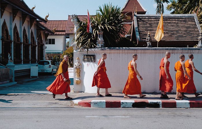 several monks walk by the street